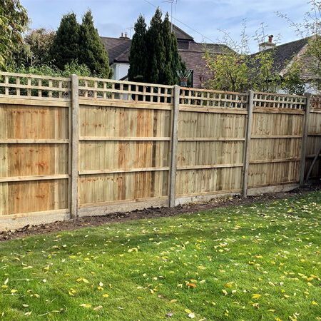 Four fence panels. topped with trellis and separated with concrete posts